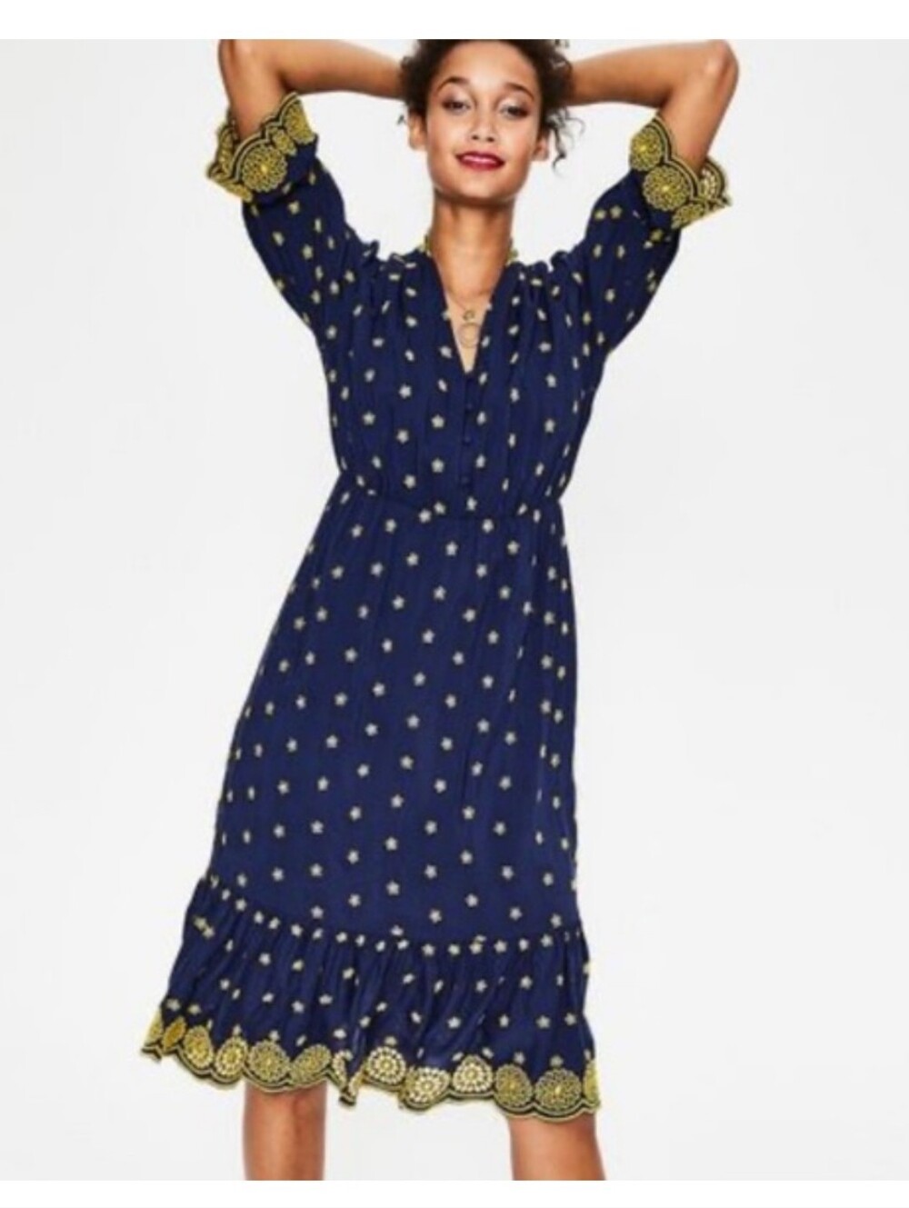 Boden Bronwen Broderie Midi Dress Navy Blue Yellow Eyelet 3/4 Sleeve US Size 6R